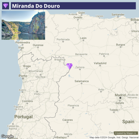 A map highlighting the location of Miranda Do Douro in the border region between Portugal and Spain with a small image of a canyon with a river in the top left corner.