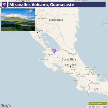 Map showing the location of Miravalles Volcano in Guanacaste, Costa Rica with a highlighted area indicating the volcano's position on the map, and a top-left inset image of the volcano with green foliage in the foreground.