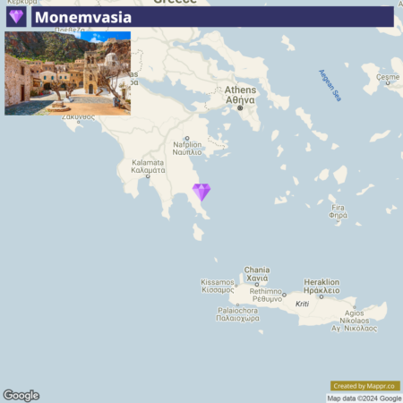 A map highlighting the location of Monemvasia in southern Greece, with a purple marker off the eastern coast of the Peloponnese peninsula, near cities such as Nafplion and Kalamata. The top-left corner features a photograph inset depicting historical stone buildings in Monemvasia. The map is marked with "Google" and "Created by Mappr.co".