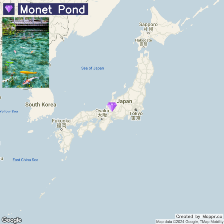 A graphic of a map showing Japan with a label over a region highlighting "Monet Pond," featuring a small photo inset of a pond with clear water and koi fish, located near Osaka. The map includes geographical labels for local cities and bodies of water.