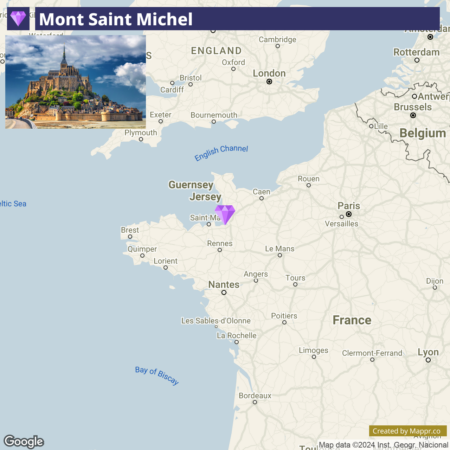 An infographic featuring Mont Saint Michel with an image of the iconic island and abbey in the upper left corner, overlaid on a map highlighting the northwestern coast of France, the English Channel, and parts of England. A purple pinpoint indicates the location of Mont Saint Michel on the map.