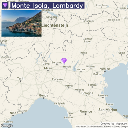 A map of Northern Italy highlighting the location of Monte Isola in Lombardy, with a small inset picture in the upper left corner showing a coastal village on the island.