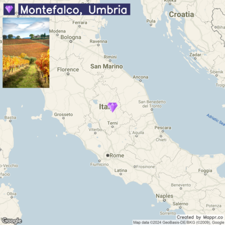 A map highlighting Montefalco in Umbria, Italy, with an inset photo of a vineyard in autumn colors.