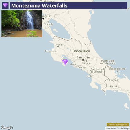 Montezuma Waterfalls showing a small inset photo of the waterfall with lush greenery in the top left corner and a map of Costa Rica highlighting the location of the falls with a purple marker on the lower right side. The title "Montezuma Waterfalls" is displayed at the top.