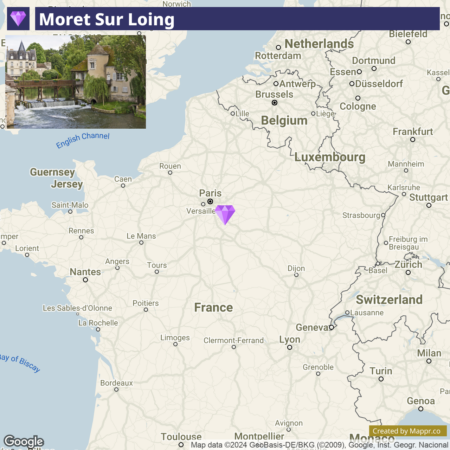 A map showing the location of Moret Sur Loing in France, with a small photograph of Moret Sur Loing featuring a river and traditional buildings inset in the top left corner. The map highlights the surrounding countries and major cities, with a purple marker indicating the specific location of Moret Sur Loing southeast of Paris.