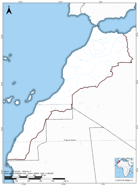 Blank map of Morocco showing borders and no labels, in color.