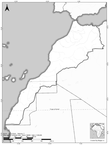 Blank black and white map of Morocco with borders and no labels.