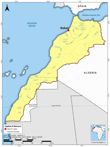 Map highlighting Rabat, the capital of Morocco, with country borders, in color.