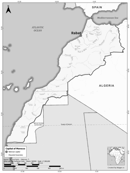 Black and white map highlighting Rabat, the capital of Morocco.