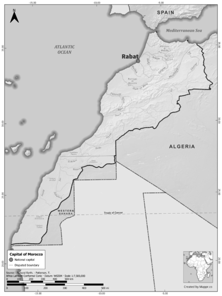 Black and white map of Morocco highlighting Rabat as the capital, with neighboring countries.