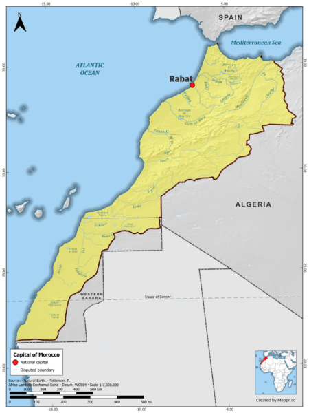 Map highlighting Rabat, the capital of Morocco, with surrounding countries and geographical features, in color.