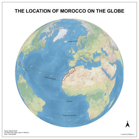 Map showing Morocco's location on a globe, highlighted in red on the African continent.