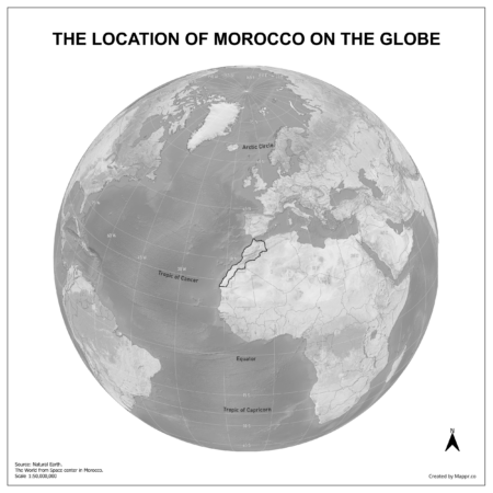 Map showing Morocco's location on a globe, highlighted in red on the African continent.