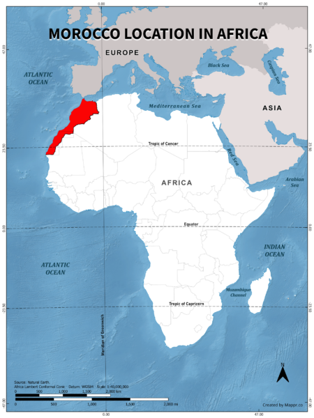 Morocco location on world map, color version.