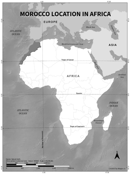 Morocco location on world map, black and white version.