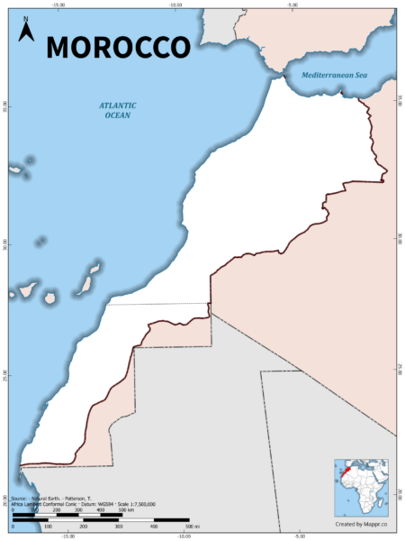 Outline map of Morocco with country borders in color.