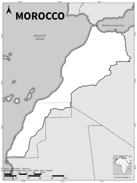 Black and white outline map of Morocco, showing the country's borders.