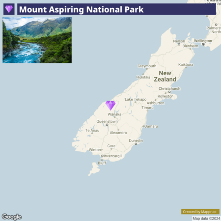 An inset of a scenic view of Mount Aspiring National Park with a river and mountains accompanies a map highlighting the location of the park on the South Island of New Zealand.