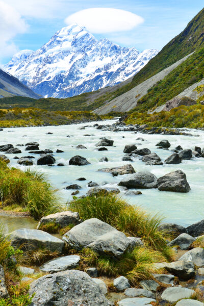 Aoraki's towering peaks against the backdrop of its majestic national park