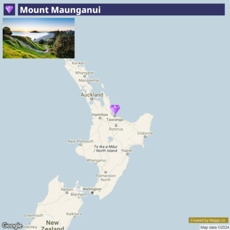 An image featuring a split view with the top half showing a scenic photo of Mount Maunganui with green hills and a coastline at sunset, and the bottom half displaying a map of New Zealand's North Island with a purple marker over Tauranga, near the location of Mount Maunganui. The image includes a label "Mount Maunganui" at the top and credits "Created by Mapp.nz" and "Map data ©2024 Google" at the bottom.