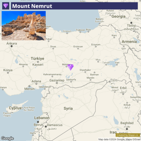 A map showing the location of Mount Nemrut in Turkey with a small inset photo in the upper left corner displaying ancient stone heads and ruins on the mountain.