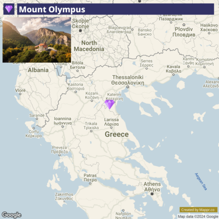 A map showing the region of Mount Olympus in Greece with a photo insert depicting a part of the mountain and a building nestled among trees.