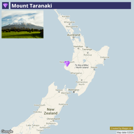 An infographic featuring Mount Taranaki in New Zealand with a map highlighting its location on the North Island. A photo of the mountain with snow-capped peak and green fields in the foreground is placed on the left, while on the right there is a map of New Zealand showing major cities and the position of Mount Taranaki marked with a purple pin. The Google and Mappr.co logos are at the bottom.