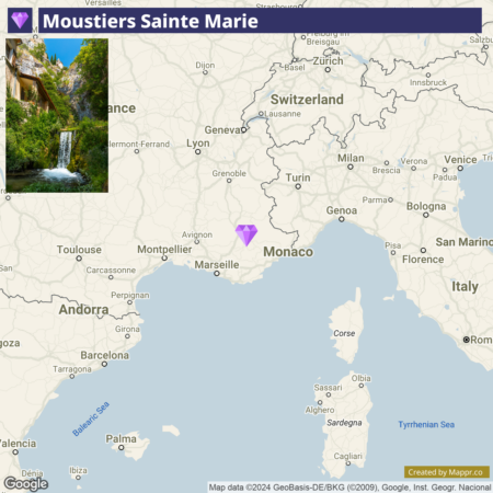 A map highlighting the location of Moustiers Sainte Marie in France, with a small inset photograph in the upper left corner showing a waterfall and a traditional building in a lush, wooded area.