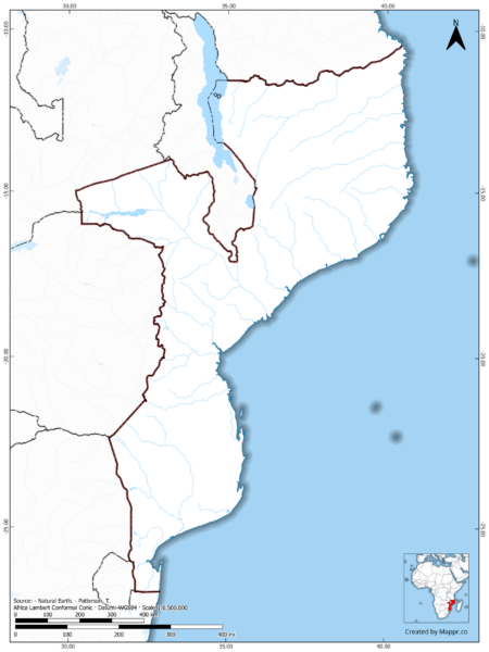Blank map of Mozambique showing borders and no labels, in color.