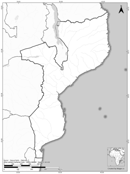 Blank black and white map of Mozambique with borders and no labels.