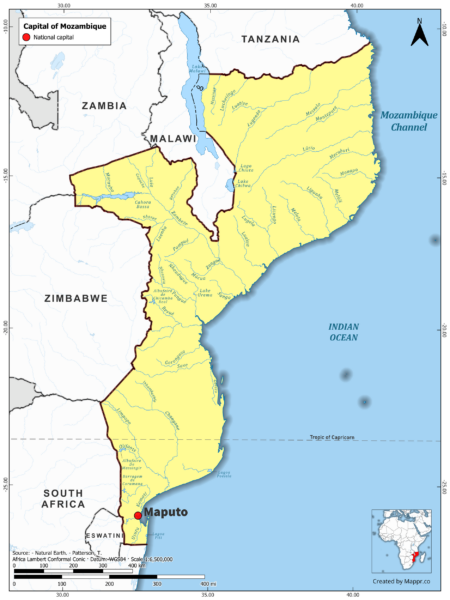 Map highlighting Maputo, the capital of Mozambique, with country borders, in color.