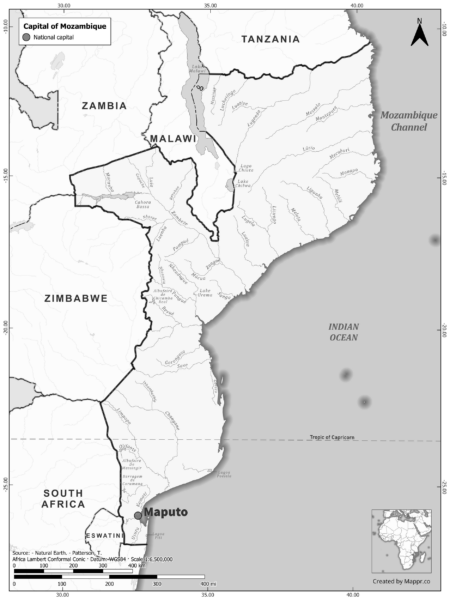 Black and white map highlighting Maputo, the capital of Mozambique.