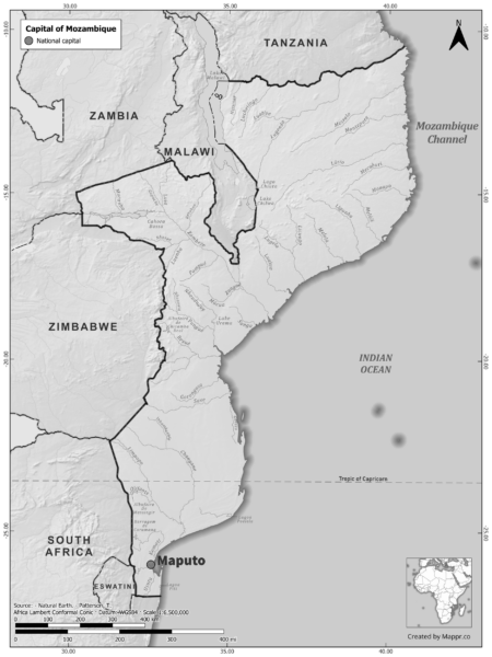 Black and white map of Mozambique highlighting Maputo as the capital, with neighboring countries.