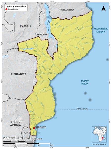 Map highlighting Maputo, the capital of Mozambique, with surrounding countries and geographical features, in color.