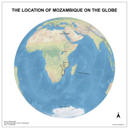 Map showing Mozambique's location on a globe, highlighted in red on the African continent.