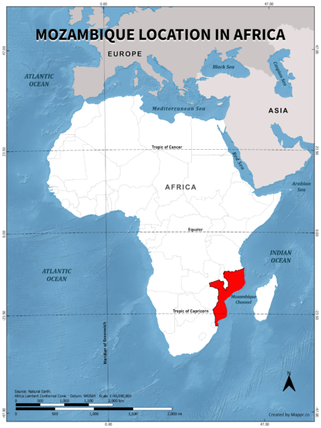 Mozambique location on world map, color version.