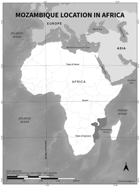 Mozambique location on world map, black and white version.