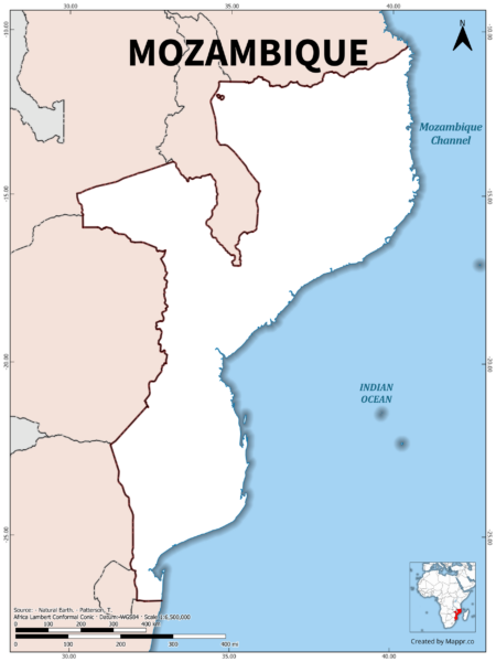 Outline map of Mozambique with country borders in color.
