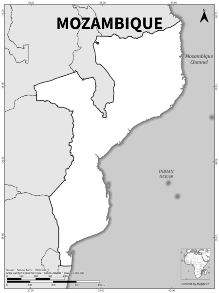 Black and white outline map of Mozambique, showing the country's borders.