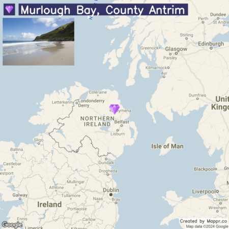 A map showing the location of Murlough Bay, County Antrim in Northern Ireland, with an inset photograph in the top left corner depicting the sandy beach and greenery of the bay area.