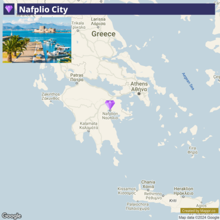 A map of part of Greece showcasing the location of Nafplio City, marked with a purple pin, with surrounding cities such as Athens and Patras labeled, and the Aegean Sea to the right.