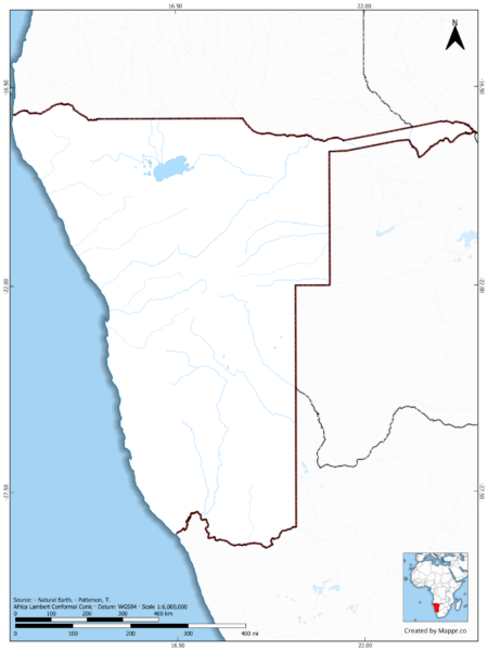 Blank map of Namibia showing borders and no labels, in color.