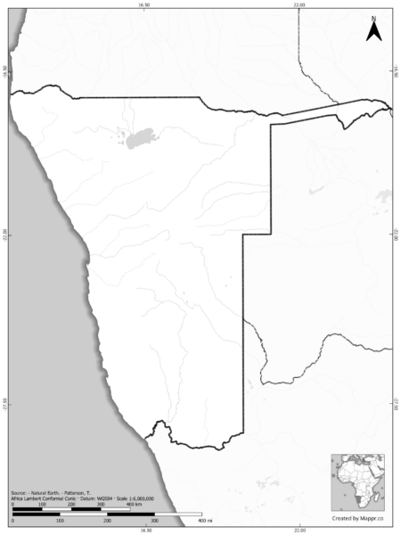 Blank black and white map of Namibia with borders and no labels.