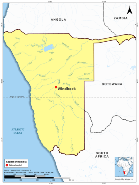 Map highlighting Windhoek, the capital of Namibia, with country borders, in color.