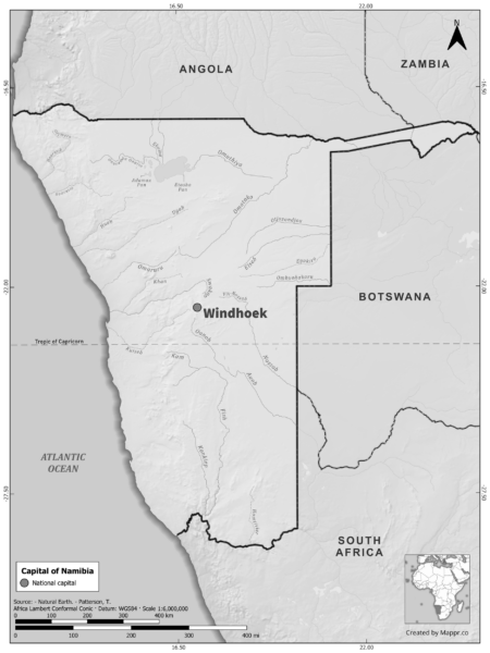 Black and white map of Namibia highlighting Windhoek as the capital, with neighboring countries.