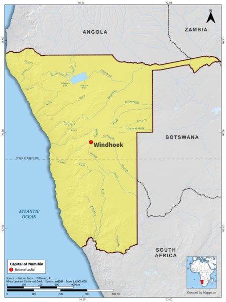 Map highlighting Windhoek, the capital of Namibia, with surrounding countries and geographical features, in color.