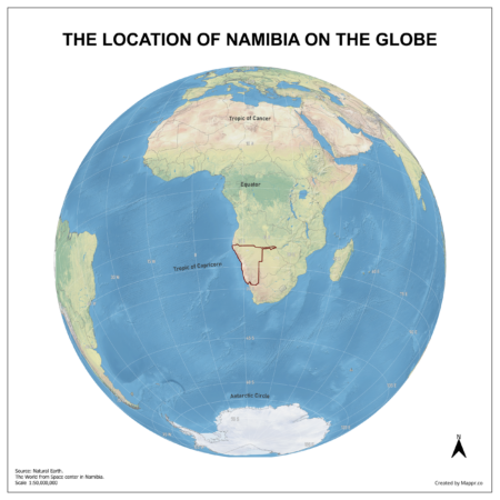 Map showing Namibia's location on a globe, highlighted in red on the African continent.