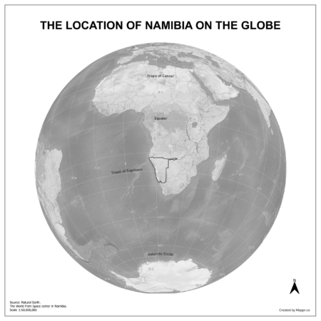 Map showing Namibia's location on a globe, highlighted in red on the African continent.
