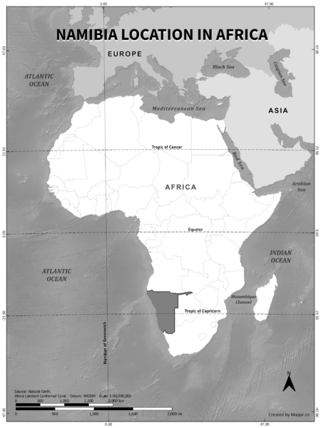 Namibia location on world map, black and white version.