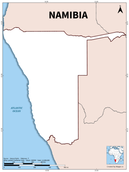 Outline map of Namibia with country borders in color.